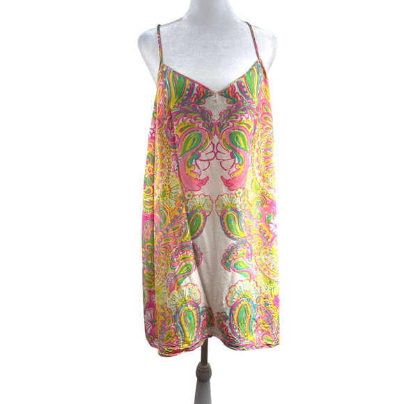 Lilly Pulitzer Dresses & Skirts - Lilly Pulitzer Pink Yellow Paisley Silk Slip Dress Sz L Racer Back Lined Resort